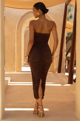 Spontaneity | Brown Bandeau Ruched Midi Dress