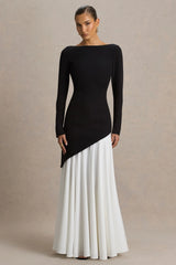 Caty | Black And White Long-Sleeved Maxi Dress With Drop-Waist And Ruffled Detailing