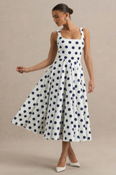 Berta | White And Navy Polka-Dot Square-Neck Midi Dress