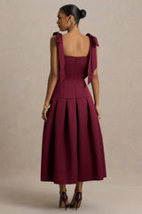Alberta | Burgundy Satin Midi Dress With Bow Straps