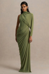 Aphra | Green High-Neck Maxi Dress With Cape-Sleeve