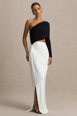 Malika | Black And White Asymmetric-Neck Maxi Dress With Body-Cut Out And Ruched Detailing