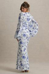 Casarile | Blue Floral Print V-Neck Balloon Sleeve Maxi Dress