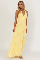Flirt Frill Trim Halter Maxi Dress Lemon