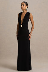 Alena | Black Extreme-Plunge Neck Maxi Dress With Gold Detail