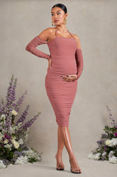 Pixie | Blush Pink Ruched Long-Sleeved Halter-Neck Maternity Midi Dress