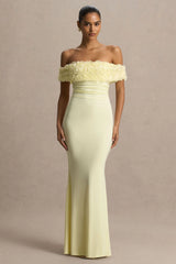 Pastille | Lemon Floral Bardot Maxi Dress With Ruched Detailing