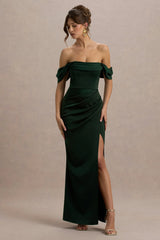 Annie | Bottle Green Satin Bardot Maxi Dress With Split Wrap Skirt