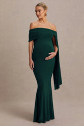 Aquila | Bottle Green Bardot Maternity Maxi Dress With Drape Sleeve