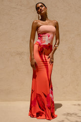 Ceremony | Pink Ombre Floral Print Bandeau Fishtail Maxi Dress