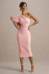Aimee | Pink Asymmetric Puff-Sleeve Midi Dress