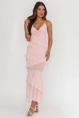 Marlie Frill Trim Rosette Maxi Dress Blush