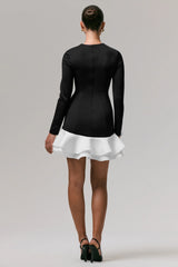Lucinda | Black & White Long-Sleeve Mini Dress With Ruffle Hem