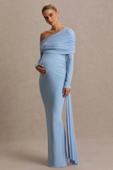 Amara | Powder Blue Asymmetric-Neck Maternity Maxi Dress With Sash Detail