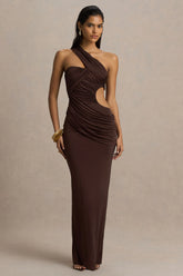 Serefine | Brown Asymmetric-Neck Maxi Dress With Body Cut-Out