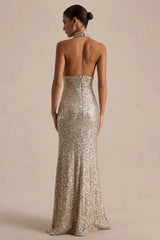 Tulia | Champagne Sequin High-Neck Maxi Dress