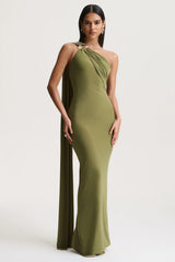Mandy | Olive Asymmetric-Neck Maxi Dress With Gold-Detail