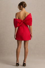 Tindra | Red Bandeau-Neck Mini Dress With Bow Sleeves
