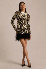 Lara | Black And Gold Sequin Print High-Neck Mini Dress With Feather Trim