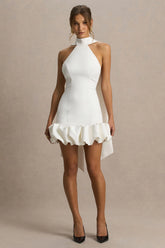 Geneve | White Halter-Neck Mini Dress With Ruffled Trim