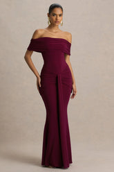 Envisioned | Burgundy Bardot-Neck Maxi Dress With Gathered And Drape Detail