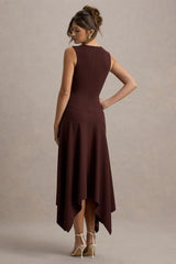 Francesca | Brown Knotted Midi Dress With Handkerchief Hem