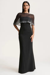 Everly | Black Hand-Embellished Cape-Sleeve Maxi Dress
