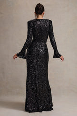 Wild Dream | Black Sequin Plunge-Neck Ruffle Split Maxi Dress