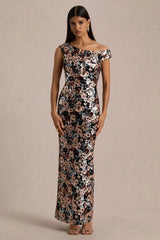Electric | Black Velvet & Embellished Sequin Floral Asymmetric-Neck Maxi Dress