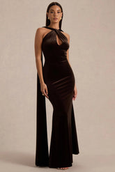 Layli | Brown Velvet Halter-Neck Maxi Dress With Cape