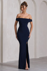 Law of Attraction | Navy Bardot Draped Split Maxi Dress