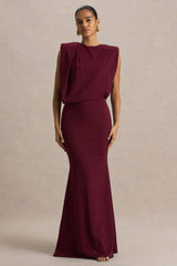 Meave | Burgundy High Neck Maxi Dress With Draping Detail