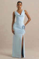Pure Affection | Powder Blue Cowl-Neck Maxi Dress With Ruched Detailing And Front High Split