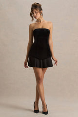 Valentina | Black Bandeau Velvet Mini Dress With Pleated Detailing