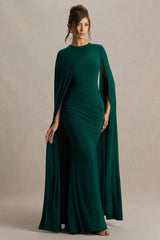 Magdelena | Bottle Green Asymmetric Cape Maxi Dress