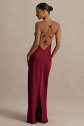 Cher | Burgundy Satin Square-Neck Maxi Dress With Embellished-Detailed Open-Back