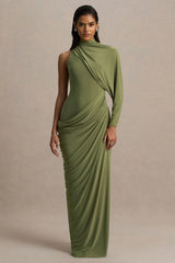 Aphra | Green High-Neck Maxi Dress With Cape-Sleeve