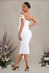 Just Wait | White Asymmetric Strappy Maternity Midi Dress With Drape
