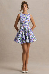 Gabrielle | Purple Lily Print High-Neck Mini Dress With Ruffling Detail
