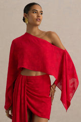 Aruba | Red Satin Devore Asymmetric Long-Sleeve Crop Top