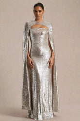 Devora | Silver Sequin Crew-Neck Maxi Dress With Cape Sleeves