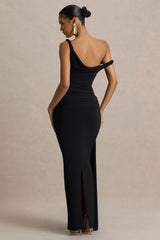 Tulisa | Black Asymmetric-Neck Maxi Dress With Twist Sleeves And Ruched Detailing