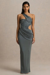 Serefine | Grey Asymmetric-Neck Maxi Dress With Body Cut-Out