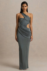 Serefine | Grey Asymmetric-Neck Maxi Dress With Body Cut-Out