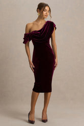 High End | Burgundy Velvet Asymmetric-Neck Midi Dress With Draped Detailing
