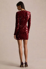 Ritz | Burgundy Sequin Plunge-Neck Mini Dress With Long Sleeves