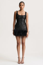 Rosalinda | Black Sequin Square-Neck Mini Dress With Feather Trim