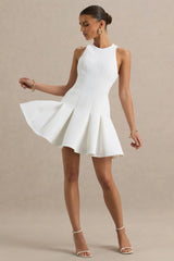 Leilani | White Racer-Neck Mini Dress With Ruffling Detail
