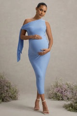 Katarine | Powder Blue Asymmetric Knot Maternity Midi Dress