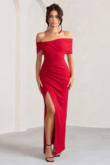 Eva | Red Bardot Bow Detail Maxi Dress With Thigh Split